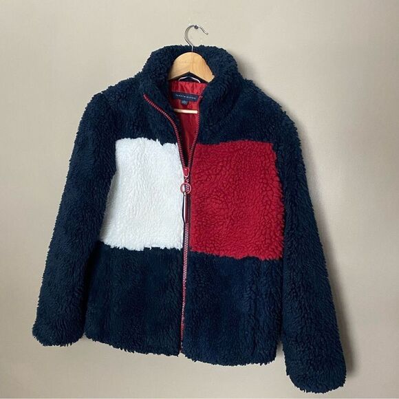 TOMMY HILFIGER Women's Sherpa Jacket Color block logo full-zip teddy bear XS EUC - Picture 1 of 16